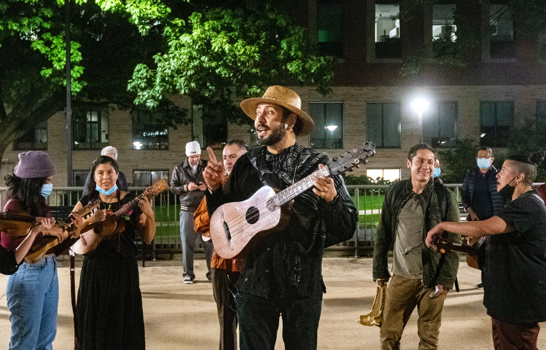 Music director Sinuhé Padilla addresses outdoor 'Fandango for Butterflies (and Coyotes)' audience
